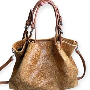 Chic Embossed Tan Satchel Bag